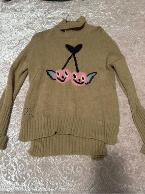 Zadig & Voltaire Tan Knit Turtleneck Sweater with Pink Cherry Motif